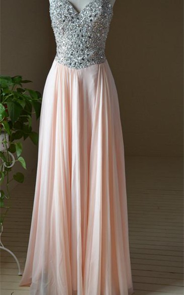 Newest Crystals Chiffon A-line Evening Dress Sweetheart Floor-length