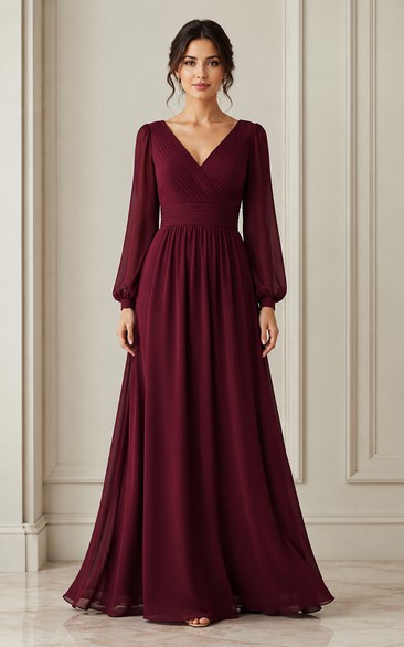 Burgundy V-neck Long Sleeve Chiffon Formal Dress
