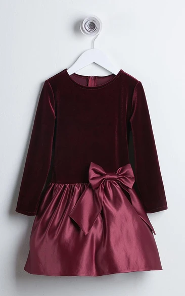 Bowed Long-Sleeve Satin Flower Girl Dress