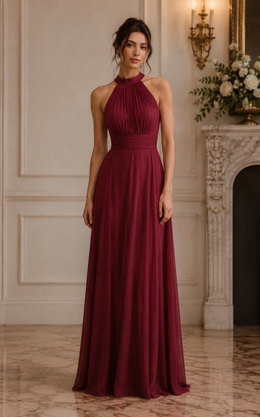 Burgundy High Neck Chiffon A-Line Bridesmaid Dress