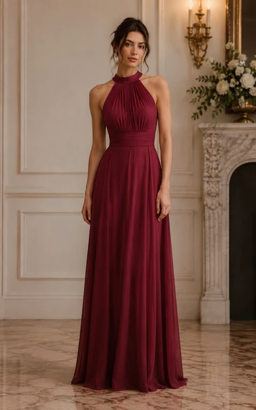 Burgundy High Neck Chiffon A-Line Bridesmaid Dress