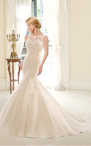 Sleeveless Illusion Neck Mermaid Lace Elegant Wedding Dress With V Back