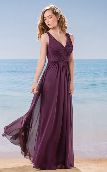V-Neck Sleeveless Long Chiffon Bridesmaid Dress With Lace Back