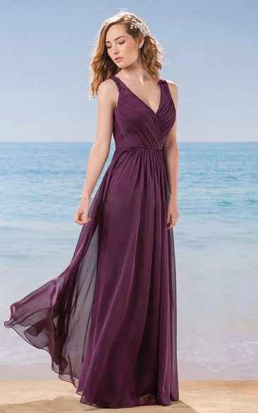 V-Neck Sleeveless Long Chiffon Bridesmaid Dress With Lace Back