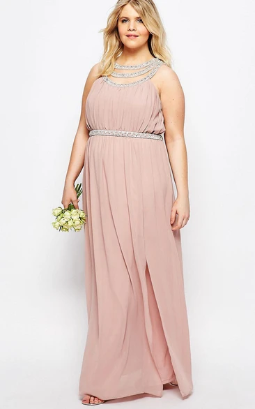 Sheath Floor-Length Scoop-Neck Sleeveless Chiffon Bridesmaid Dress With Beading And V Back