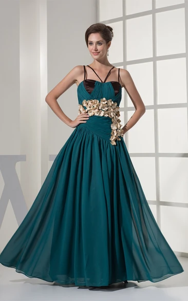 Spaghetti-Straps Long Pleated Dress With Floral Waist