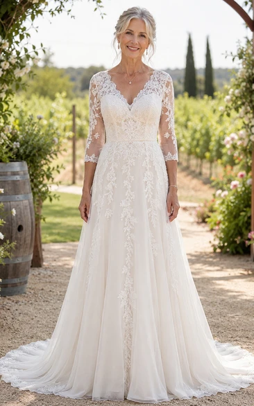 V Neck Lace A-Line Older Brides Wedding Dress with Long Sleeve Sleeves