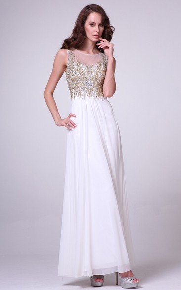 Sheath Ankle-Length Scoop-Neck Sleeveless Empire Chiffon Dress With Beading