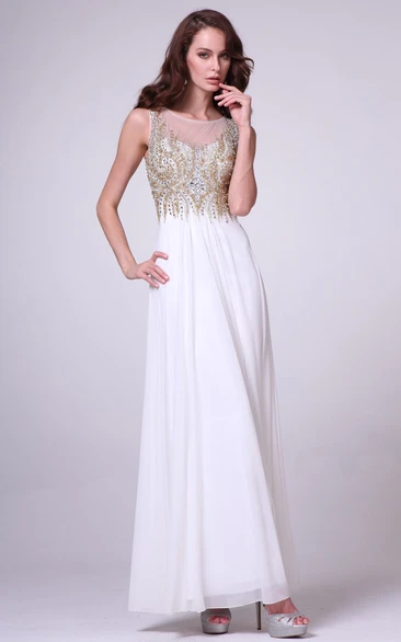 Sheath Ankle-Length Scoop-Neck Sleeveless Empire Chiffon Dress With Beading