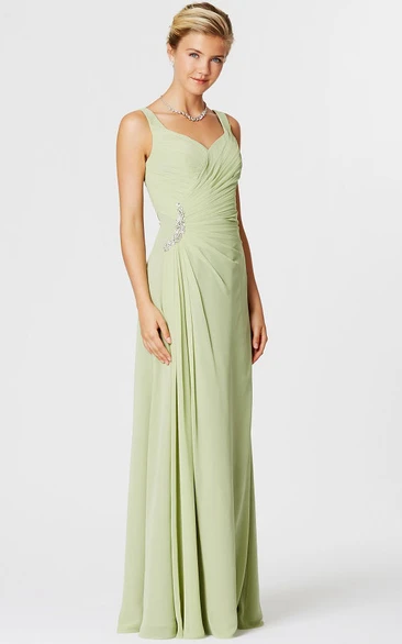 Sleeveless Side-Draped Strapped Chiffon Bridesmaid Dress With Beading