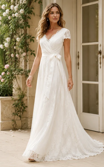 A-line Scalloped V-neck Cap Illusion Short Sleeve Floor-length Lace Wedding Dress