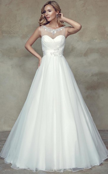 A-Line Scoop Criss-Cross Sleeveless Maxi Tulle & Satin Wedding Dress Styles With Beading And Flower