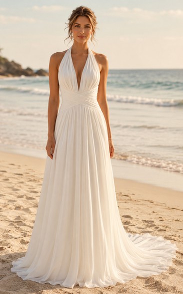 Halter Chiffon A-Line Wedding Dress with Plunging V-Neck and Chapel Train