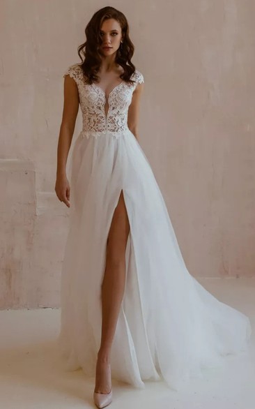 Sexy V-neck Lace Tulle A Line Short Sleeve Floor-length Sweep Train Wedding Dress with Split Front