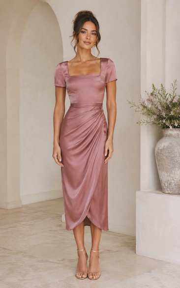 Dusty Rose Square Neck Ruched Satin Sheath Dress