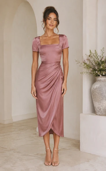 Dusty Rose Square Neck Ruched Satin Sheath Dress