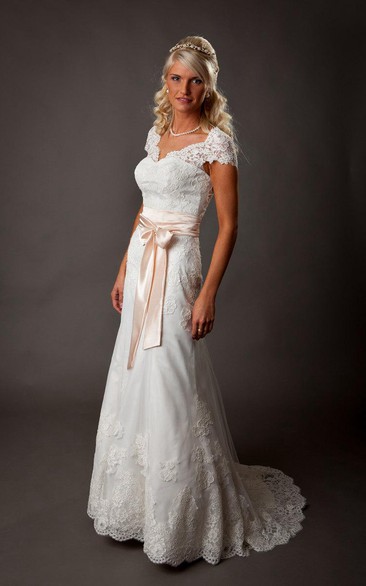 V-Neck Cap Sleeve A-Line Lace Dress With Illusion Back and Satin Bow Sash