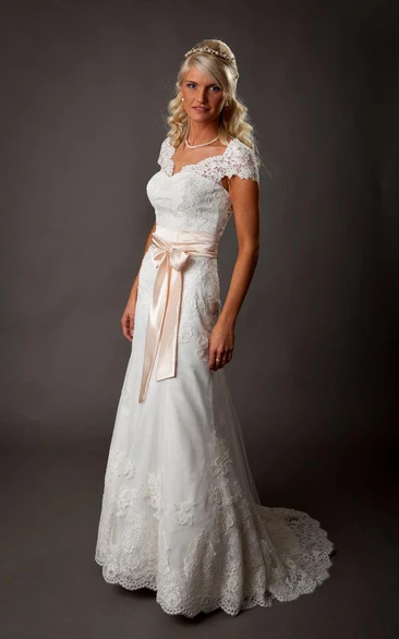 V-Neck Cap Sleeve A-Line Lace Dress With Illusion Back and Satin Bow Sash