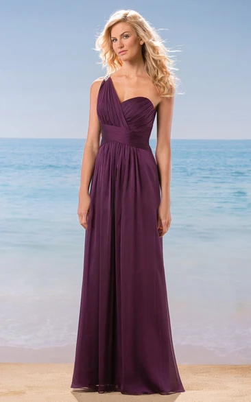 One-Shoulder A-Line Long Chiffon Bridesmaid Dress With Pleats