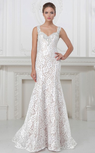 Sheath Long Sleeveless V-Neck Beaded Lace&Satin Wedding Dress