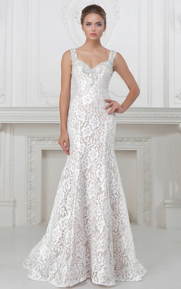 Sheath Long Sleeveless V-Neck Beaded Lace&Satin Wedding Dress