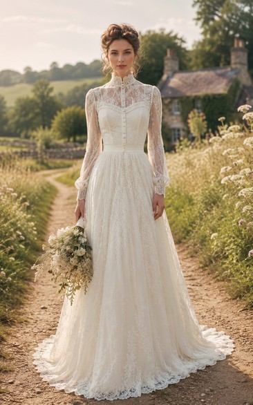 High Neck Long Sleeve Tulle A-Line Vintage Wedding Dress