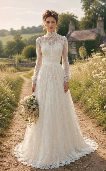 High Neck Long Sleeve Tulle A-Line Vintage Wedding Dress