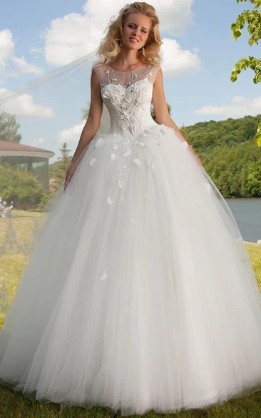 Long Scoop Floral Tulle Wedding Dress With Beading And Corset Back