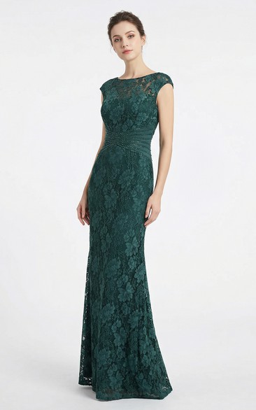 Cap Sleeve Long Lace Gown with Beading
