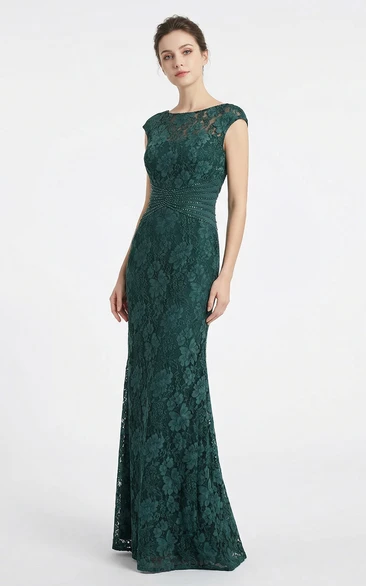 Cap Sleeve Long Lace Gown with Beading