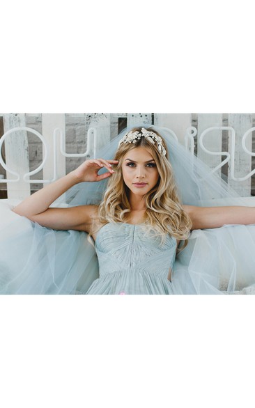 Bridal Veil Light Blue Extra Long Trailing Simple Wedding Veil Ocean Blue