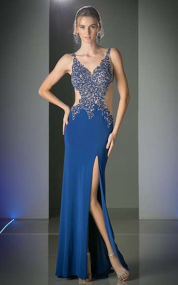 Sheath Straps Sleeveless Jersey Deep-V Back Dress With Split Front And Beading