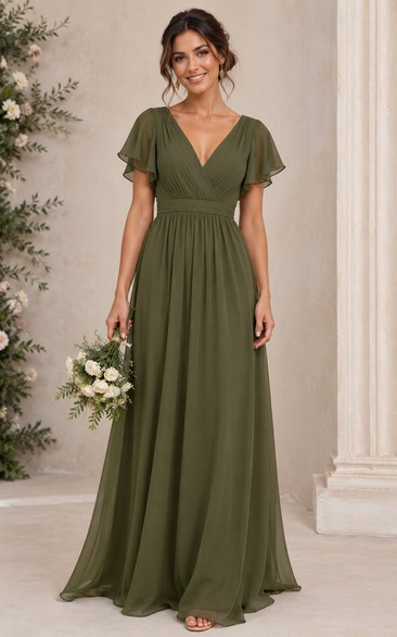 Dark Green V-Neck Short Sleeve Chiffon A-Line Bridesmaid Dress