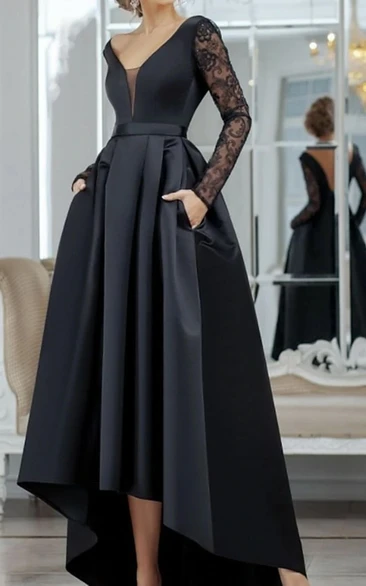Black Formal High-Low Long Sleeve Evening Gala Tie Prom Guest Dress