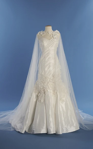 Vintage Satin Bridal Gown With Flowers And Watteau