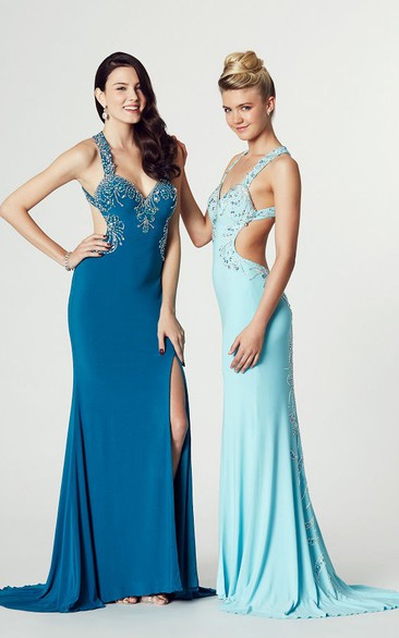 Sleeveless Beaded Strapped Jersey Prom Dress