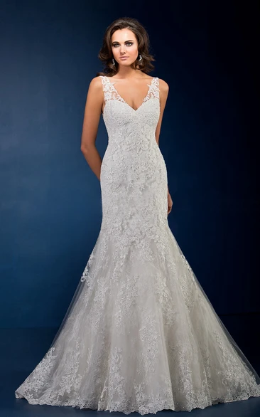 Sleeveless V-Neck Mermaid Gown With Appliques And V-Back