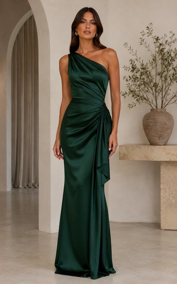 Dark Green Satin Formal Dress with One Shoulder Open Back Draped Sheath Gown