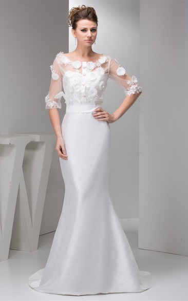 Floral Satin Mermaid Half-Sleeve Dress With Illusion Top