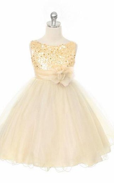 Tea-Length Floral Floral Sequins&Satin Flower Girl Dress With Sash