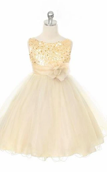 Tea-Length Floral Floral Sequins&Satin Flower Girl Dress With Sash