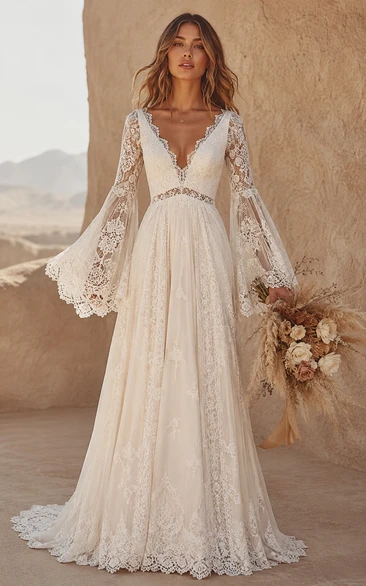 Boho A-Line Wedding Dress Long Bell Sleeve V-Neck Tulle Lace Applique Floor Length Chapel Train Ivory