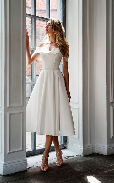 Off-the-shoulder Satin A-line Tea-length Wedding Dress with Beaded Waist
