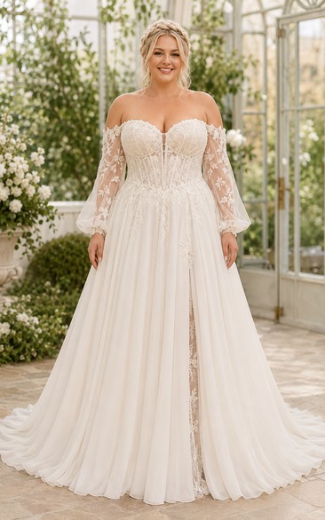 Plus Size schulterfreies, langärmeliges A-Linien-Brautkleid aus Spitze mit Schlitz