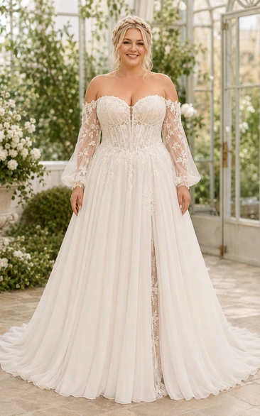 Plus Size schulterfreies, langärmeliges A-Linien-Brautkleid aus Spitze mit Schlitz