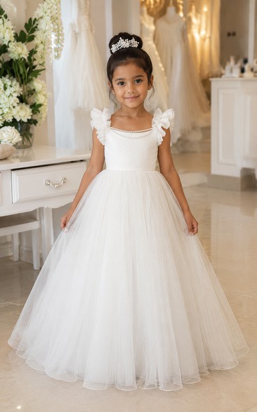 Ivory A-Line Tulle Flower Girl Dress with Bow Sash