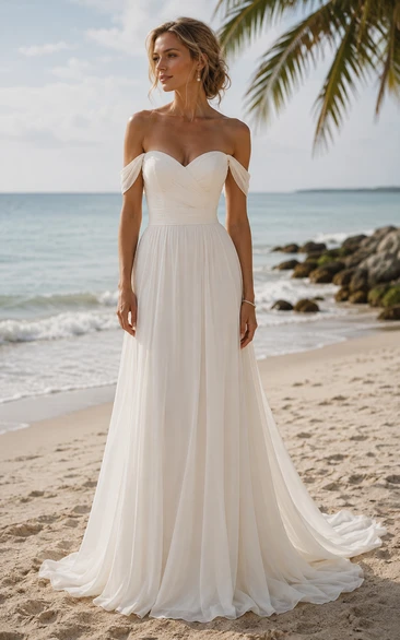 Off Shoulder Chiffon A-Line Wedding Dress with Sweetheart Bodice and Sweep Train