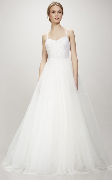 A-Line Sleeveless Beaded Long Spaghetti Tulle Wedding Dress With Zipper Back And Ruffles