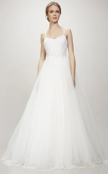 A-Line Sleeveless Beaded Long Spaghetti Tulle Wedding Dress With Zipper Back And Ruffles