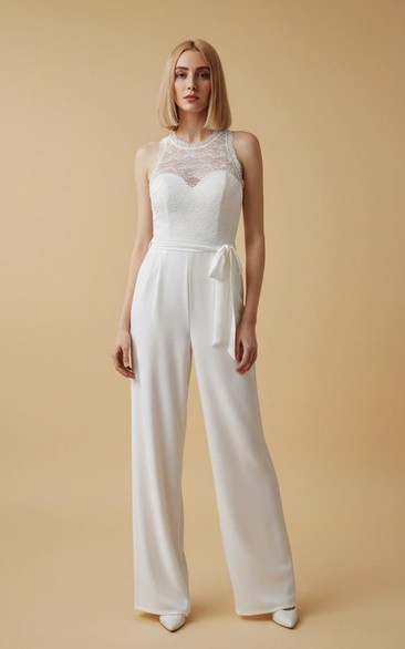 Scoop Neck Lace Wide Leg Wedding Jumpsuit with Bow Belt